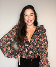 Load image into Gallery viewer, Black/floral Bodysuit; multicolor bodysuit; Ruffled shoulders; V neckline bodysuit; Front Wrap Bodysuit; long bubble sleeves
