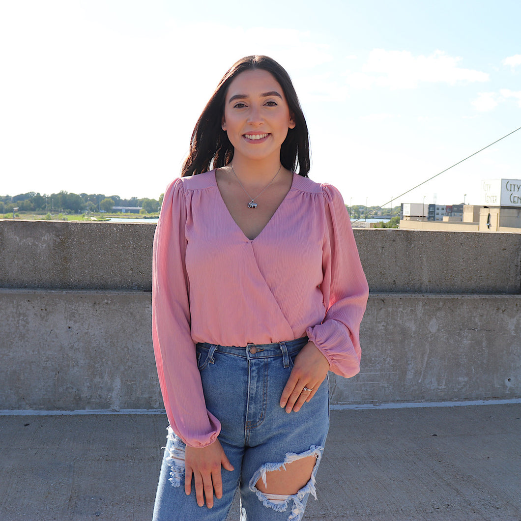 V neckline. Wrap front, long bubble sleeves; Pink Bodysuit; Bodysuit