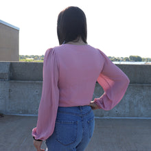 Load image into Gallery viewer, V neckline. Wrap front, long bubble sleeves; Pink Bodysuit; Bodysuit
