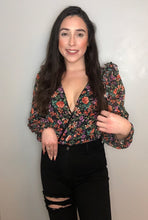 Load image into Gallery viewer, Black/floral Bodysuit; multicolor bodysuit; Ruffled shoulders; V neckline bodysuit; Front Wrap Bodysuit; long bubble sleeves
