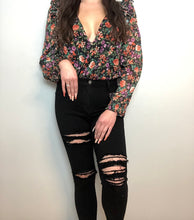 Load image into Gallery viewer, Black/floral Bodysuit; multicolor bodysuit; Ruffled shoulders; V neckline bodysuit; Front Wrap Bodysuit; long bubble sleeves
